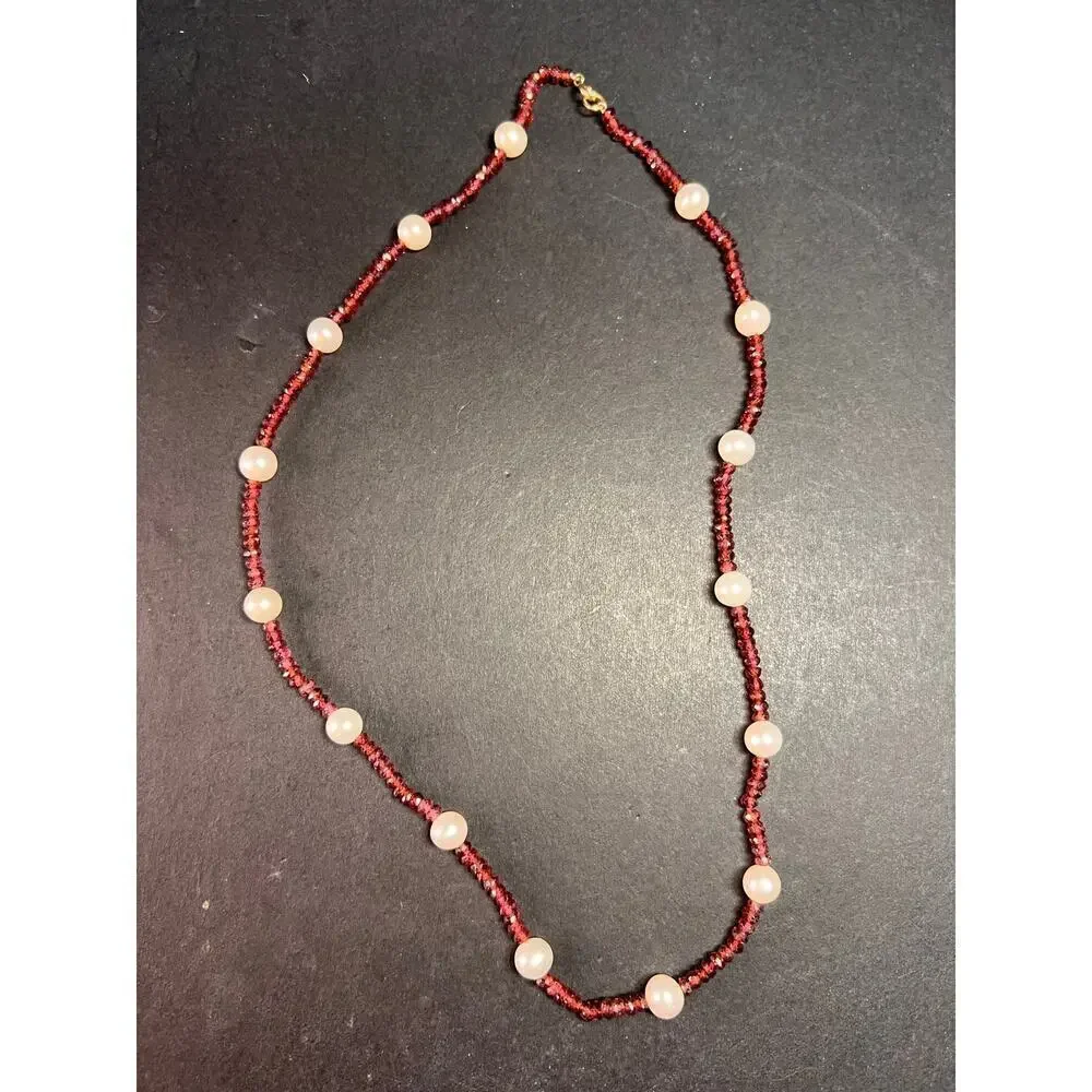 14k gold garnet and pearl station necklace 18 inches